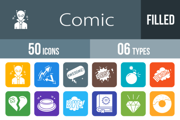 50 Comic Filled Round Corner Icons for Dynamic Visuals