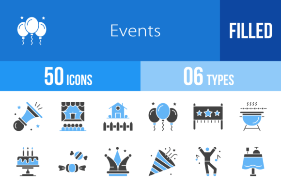 50 Events Filled Blue & Black Icons: A Complete Design Toolkit