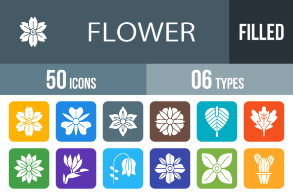 50 Flowers Filled Round Corner Icons: A Versatile Design Asset