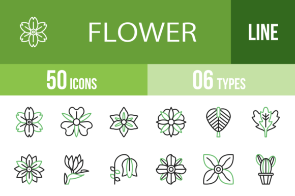 50 Flowers Line Icons: Green & Black for Modern Design