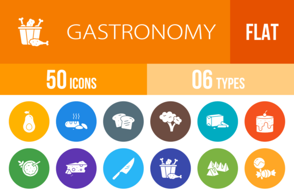 50 Gastronomy Flat Round Icons: A Designer's Toolkit for Food-Themed Projects