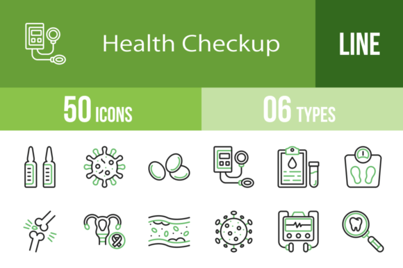 50 Health Checkup Icons: Green and Black for Your Brand