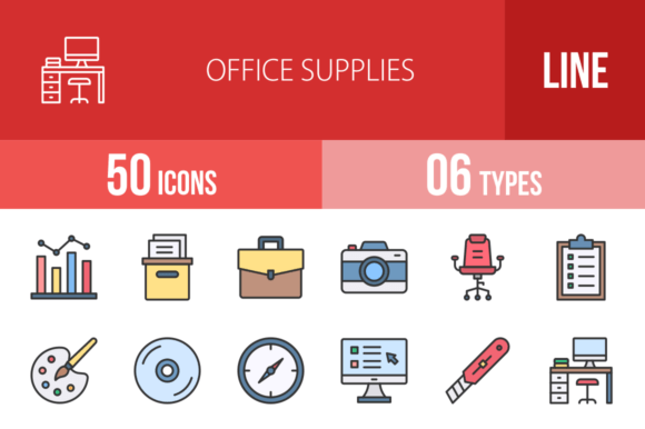 50 Office Supplies Filled Line Icons: A Designer's Toolkit