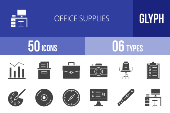 50 Office Supplies Glyph Icons: Your Visual Toolkit