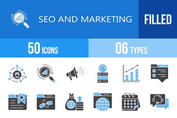 50 SEO and Marketing Icons: Blue & Black Design Assets