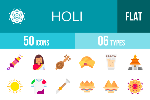 Infuse Your Designs with Festival Joy: 50 Holi Flat Multicolor Icons